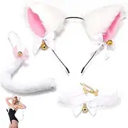 3 pcs Cat Ears and Tail Set,Furry Cat Ears Headband with Tail for Kids Adults Halloween Costume for Night Holiday Carnival (White)