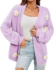 [Generic] Women's Floral Embellished Open Front Cardigan - Long Sleeve Knitted Sweater with Pockets and Flower Decor