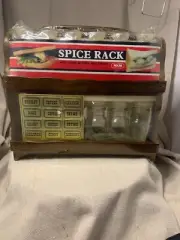 Ventage Antique wood spice rack with jars and stickers 1960 still in plastic