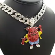 Hip Hop Iced Silver Tone KOOL AID MAN & 18" Iced Cuban Choker Chain Necklace