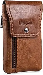 Hengwin Leather Cell Phone Holster Fits for iPhone 15 Pro 14 Pro 13 Pro 12 Pro 11 Pro Samsung Galaxy S24 Pouch Case with Belt Clip Belt Loop Card Holder, Waist Purse Mobile Phone Bag for Belt (Brown)