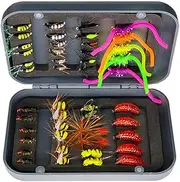 Qitewwrme Fly Fishing Flies Kit, 24-100Pcs Handmade Fly Fishing Artificial Fly Baits Lures with Dry/Wet Flies, Streamers, Fly Assortment Trout Bass Fishing with Fly Box (46Pcs/Kit(10 Mixed Styles))