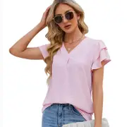 Nevenka Womens Ruffle Short Sleeve Chiffon Blouses V Neck Solid Color Casual Top-Light Pink