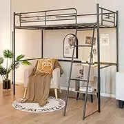 Giantex Loft Bed with Ladder, Heavy-Duty Steel Bed Frame with High Guard Rails & Ample Underneath Floor Space for Working & Relaxation, Versatile Bed Frame, No Box Spring Needed, Space-Saving (Black)