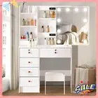 6 Drawers Dressing Table Stool Set with Slideing Mirror LED Light Vanity White