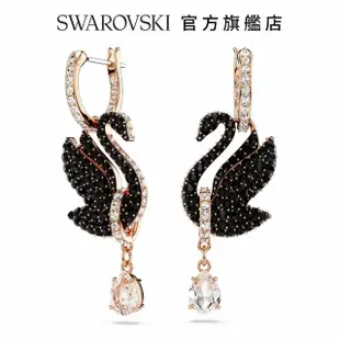 【SWAROVSKI 官方直營】Swarovski Swan 水滴形耳環 天鵝 黑色 鍍玫瑰金色調