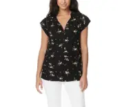 Buffalo Women Flutter Sleeve Blouse Top, Black Ditsy Bouquet, Size M