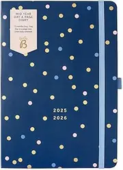 Busy B A5 Day- A-Page Diary - Mid-Year Academic Diary - Aug 25 - Aug 26 – Navy Spot Journal - Planner with Day a Page layout, Pen Loop, Notes, Timetables Year Planner & Elastic Closure