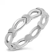 [Sac Silver] High Polish Christian Fish Loop Stackable Ring Sterling Silver Band Sizes 3-12