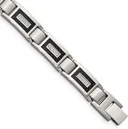 [JewelryWeb] 10.88mm Stainless Steel Brushed and Polished With CZ Black Carbon Fiber Inlay Bracelet 22 Centimeters Link-Bracelet for Women