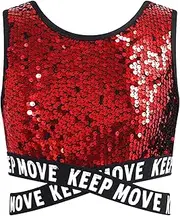 [Jhaoyu] Kids Girls Shiny Dance Crop Top Glitter Sequin Sleeveless Cut Out Crisscross Hip Hop Tank Top