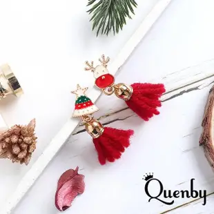 【Quenby】秋冬聖誕節小鹿鈴噹酒紅色流蘇耳環/耳針(耳環/配件/交換禮物)