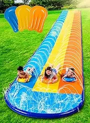[Sloosh] 22.5ft Triple Water Slide and 3 Body Boards, Backyard Lawn Water Slides with Outdoor Slip Sprinkler for Kids Adults Summer Water Fun Toy