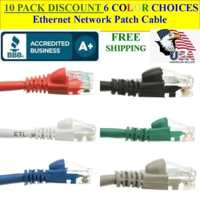 10 PACK 50 Ft Cat5e Ethernet Network Computer Patch Cable for PC, XBOX, PS3, PS4