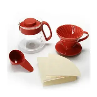 HARIO V60紅色陶瓷濾杯咖啡壺組 360ml 1-2杯 附濾紙 VDS-3012R『歐力咖啡』