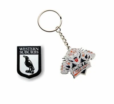SET 2 WESTERN SUBURBS MAGPIES NRL TEAM HERITAGE LOGO PIN BADGE & MASCOT KEYRING