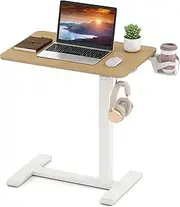 Giantex Mobile Standing Desk, Height Adjustable Overbed Bedside Table w/Cup Holder, Pneumatic Rolling Laptop Desk w/Hidden Wheels, Sofa Side Table for Living Room Bedroom Study (Natural + White)