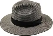 [Generic] Men's Foldable Big Head Straw Hat Panama Summer Cowboy Hat Sandy Beach Sun Fedora Hats Gray 55cm-57cm