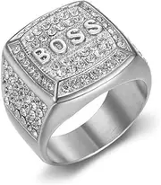 [Yonghao Pavilion] Hip hop Ring Titanium Steel Vacuum Plated Diamond Blocks BOSS Letter Men's Ring Hip hop Jewelry