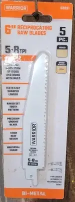 Reciprocating Saw Blades 6" Warrior 5pc Bi-metal Wood #68031