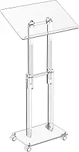 HMYHUM Acrylic Podium Stand with Lockable Wheels, Angle & Height Adjustable, Clear Rolling Podium, Mobile Lecterns & Pulpits for Classroom, Concert, Church, Speech, Multi-Purpose, Modern