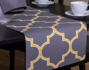 Fabric Linen Cotton Table Runner (13" x 90") CHARCOAL GREY & YELLOW TRELLIS, LT