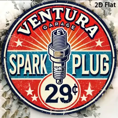 VENTURA SPARG PLUG 8" Round Metal Sign Retro Wall Art Plaque