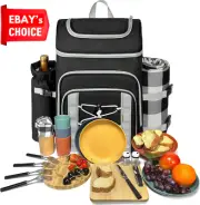 Picnic Backpack for 4 Insulated Cooler Wine Holder Cutlery Set Black