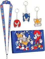[Sonic The Hedgehog] Wallet for Boys - 3 PC Keychain Set and Lanyard - Canvas Wallets with Zipped Coin holder and Card Slots Featuring Tails and Knuckles, Blue, Modern