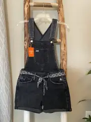 SUPERDRY Utility Dungaree Shorts Overall Vintage Grey Denim Size US 4 RARE!