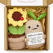 ONECOCOA Positive Mini Potato Funny Gifts, 2PCS Emotional Support Sunflower Pot Desk Decoration Crochet Birthday Gifts for Women Mom Best Friend (Sunflower & Potato-Green)