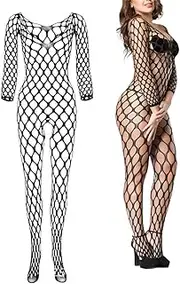 [Eitonbu] Ladies Fishnet Bodysuit,Womens Fishnet Nightwear Backless,Underwear Womens Fishnet Bodysuit,Dress Mesh Stockings Tights(Medium Size，Black), Black, Large