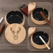 Elk Pattern Wood Ashtrays with Lid Office Desktop Ashtray Windproof Ash Tray