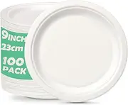 MBBUROYY 23cm Paper Plates, 100 Pack Disposable Plate, 100% Compostable Lunch or Dinner Size Biodegradable Microwave and Freezer Safe Plate