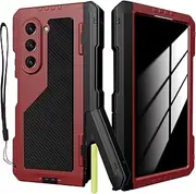 [YQODSZ] for Samsung Galaxy Z Fold 6 Metal Case with S Pen Holder, [Privacy Screen Protector] Military Rugged Heavy Duty Z Fold 6 Full-Body Bumper Case Screen Protector Kickstand Case for Z Fold6 Red