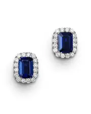 Blue Sapphire and Diamond Halo Stud Earrings in 14K White Gold