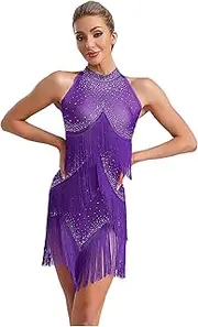 [Linjinx] Womens Latin Dance Dress Tassels Rhinestones Fringed Dress for Ballroom Cha Cha Salsa Rumba Tango