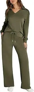 [HongYunAu] Women's Fashion Casual 2Piece Set Street Trend Loose Elastic Belt Straight Pants + Loose Vneck Long Sleeve Top Sports Set