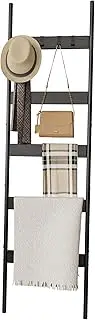 Blanket Ladder, 5-Tier Towel Holder with 4 Removable Hooks, Farmhouse Wall Leaning Decorative Rack Shelf, Wooden Towel Display Rack, Quilt Ladder for Living Room, Bedroom, Black