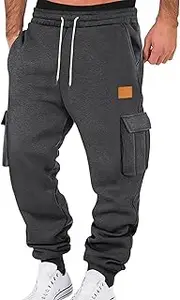 [Generic] Mens Heavyweight Fleece Cargo Sweatpants Stretch Elastic Waist Workout Jogger Pants Drawstring Sports Trousers