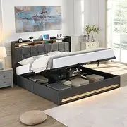 King Bed Frame with Storage, Gas Lift Upholstered Bed Frame with LED Lights Headboard, King Size Bed with Charging Station, Noise-Free, No Box Spring Needed, Easy Assembly, Grey