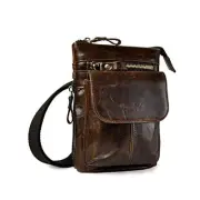Le'aokuu Men Genuine Leather Small Hook Phone Pouch Bum Waist Dark Brown