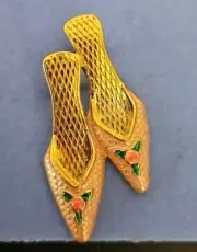 VTG Avon Pink High Heel Slipper Shoes Mules Floral Gold Tone Enamel Pin Tie Tack