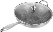 MOTHNUR Stainless Steel Non Stick Wok with Lid Frying Pan for Gas Electric Induction Stoves Honeycomb Design for Even Heat Distribution Everyday Cooking