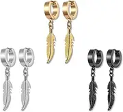 [PLABBDPL] Men's Hoop Earrings, 3 Pairs Titanium Stainless Steel Hoop Earrings, Feather for Men and Women, Earrings Men, Hanging Earrings, Hoop Earrings with Pendant Men Women Set (Black, Gold, Silver), Titanium Silver