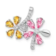 Solid 14k White Gold Simulated CZ and 2.44 Citrine Simulated/Simulated Pink Tourmaline Flower Pendant