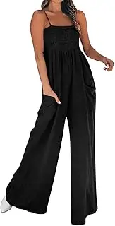[Generic] Womens Strap Solid Jumpsuit - Leisure Square Neck Sleeveless Jumpsuits - Adjustable Spaghetti Straps Long Pants Overalls With Pockets - Solid Black Wide Leg Loose Long Jumpsuit Long Rompers