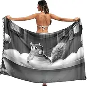 [XYMZR] Squirrel Bathtub Funny Women's Sarong Swimsuit Coverups Chiffon Bikini Wraps Skirt with Tassels L
