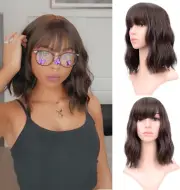 Short Bob Wigs Natural Black Wavy Wig with Air Bangs Women'S Shoulder Length Wig