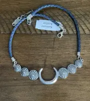 Carolyn Pollack AW 925 Silver Navy Blue Leather Cord Moon Crescent Necklace